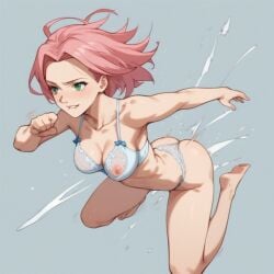 1girls action_lines action_pose ai_generated bra female green_eyes jumping large_breasts lip_bite motion_lines naruto naruto_(series) naruto_shippuden nipples_visible_through_clothing panties pink_hair sakura_haruno