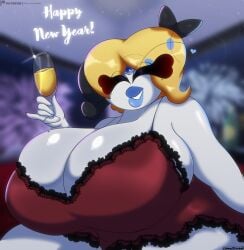 blue_lipstick champagne fireworks generation_5_pokemon kithara_(strugglebunny) lewd_bun_64 lingerie looking_at_viewer massive_breasts mature_female meloetta milf new_year new_year_2025 oc pokemon pokemon_(species) strugglebunny white_skin wide_hips