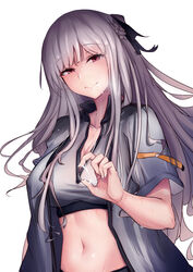 absurdres after_fellatio ak-12_(girls'_frontline) alternate_costume bangs bikini black_ribbon blush braid breasts cleavage collarbone cum cum_in_mouth cum_string eyebrows_visible_through_hair facial female french_braid girls'_frontline grey_bikini grey_jacket head_tilt highres jacket likemuffins long_hair looking_at_viewer medium_breasts navel open_clothes open_jacket purple_eyes ribbon short_sleeves sidelocks silver_hair simple_background smile solo sports_bikini stomach sweat swimsuit upper_body very_long_hair white_background