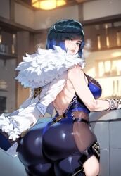 1girls ai_generated ass ass_focus back backless_outfit bangs bare_shoulders black_hair blue_dress blue_hair blush bob_cut bodysuit bracelet breasts clothing clothing_cutout curvaceous curvaceous_female curvaceous_figure curvy curvy_figure diagonal_bangs dress earrings female female female_focus from_behind fur-trimmed_jacket fur_trim genshin_impact gloves gradient_hair green_eyes hip_vent huge_ass indoors inviting inviting_to_sex jacket jacket_on_shoulders jewelry large_breasts lips looking_at_viewer looking_back miyuai mole multicolored_hair pants parted_lips presenting presenting_ass presenting_breasts presenting_hindquarters presenting_self seductive seductive_look seductive_smile shiny_clothes short_hair skin_tight smile solo thick_thighs thighs tight_clothes tight_pants two-tone_hair voluptuous voluptuous_female white_gloves white_jacket yelan_(genshin_impact)