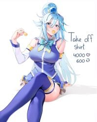 aqua_(konosuba) bare_shoulders bare_thighs big_breasts blue_eyes blue_hair blue_skirt blush bra breasts bubble_gum chewing_gum closed_mouth cowboy_shot crossed_legs curvy english_text from_side hair_between_eyes hair_ornament hair_rings highres kono_subarashii_sekai_ni_shukufuku_wo! large_breasts long_hair long_sleeves machulanko meme miniskirt pleated_skirt simple_background single_hair_ring skirt slim_waist solo strip_game sweat thick_thighs thighhighs thighs very_long_hair white_background wide_hips