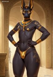 1boy ai_generated anthro anubian_jackal anubis black_body bulge curvy egyptian egyptian_clothing femboy front_view fur furry furry_only geidra girly looking_at_viewer male male_only patreon patreon_username pharaoh seductive skimpy solo standing tagme text thong video voluptuous