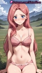 1girls ai_generated anime anime_style bare_arms bare_shoulders blue_eyes blue_sky blush bow bow_bra bow_panties bra breasts bust busty cleavage closed_mouth clothing cloud collarbone day eclair_saetto embarrassed female female_focus female_only field forehead frown grass hentai large_breasts long_hair looking_at_viewer medium_breasts mountain mountainous_horizon natsuyoru navel outdoors panties pantsu parted_bangs pink_bra pink_hair pink_panties red_hair sitting sky solo solo_female stomach tate_no_yuusha_no_nariagari tearing_up tears the_rising_of_the_shield_hero thighs underwear underwear_only voluptuous voluptuous_female