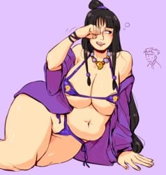 1boy areola_slip areolae bbw belly bikini black_eyes black_hair breasts chubby chubby_female cleavage female gyakuten_saiban haori huge_breasts japanese_clothes long_hair maya_fey notsafeforfruit open_mouth phoenix_wright plump sitting smile swimsuit wide_hips