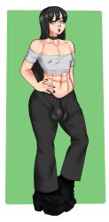 abs bangs black_hair bulge femboy long_hair nipple_bulge platform_footwear saudade_(character)