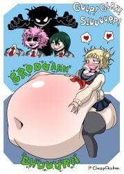 4girls belly big_ass big_belly big_breasts blush boku_no_hero_academia classychicken34 cleavage digestion digestion_noises female female_pred female_prey himiko_toga huge_belly mina_ashido multiple_prey my_hero_academia school_uniform thick_thighs tooru_hagakure tsuyu_asui vore vore_belly