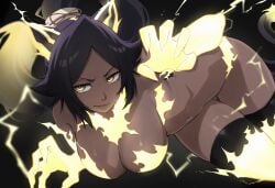 1girls big_breasts bleach bleach:_the_thousand-year_blood_war breasts busty cat_ears cat_tail channyy19 cleavage convenient_censoring curvy dark-skinned_female dark_skin electricity female female_only lightning long_hair nude ponytail purple_hair shihouin_yoruichi solo thick_thighs