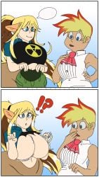 2girls big_breasts big_breasts blonde_hair blue_eyes bouncing_breasts breasts breasts centaur centorea_shianus clothes_swap comic cooldude27_(artist) crossover human jenny_test johnny_test_(series) lipstick long_hair monster_musume_no_iru_nichijou wardrobe_malfunction