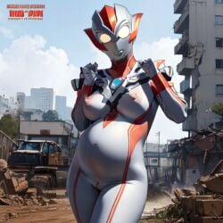 ai_generated alien alien_girl alien_humanoid areolae big_areola breasts building building_destruction large_breasts minato_asahi_(grigio) pregnant pregnant_female thick_thighs thighs ultraman_(franchise) ultraman_r/b ultrawoman_grigio