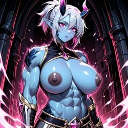 ai_generated blue_skin brainwashed brainwashing dark_aura demon_girl demon_horns devil_horns gray_hair grey_hair hypnosis knight mind_control original pixai purple_eyes succubus succubus_horns warrior