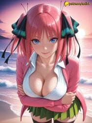 1girls 2024 ai ai_assisted ai_generated anilvl anime anime_girl anime_style arm_under_breasts arms_under_breasts artist_name bangs beach big_breasts big_breasts big_breasts big_chest blue_eyes blunt_bangs blush breast breast_hold breasts breasts breasts bust busty butterfly_hair_ornament cardigan chest cleavage closed_mouth cloud cloudy_sky collarbone collared_shirt crossed_arms day eyebrows_visible_through_hair female go-toubun_no_hanayome green_skirt hair_ornament hair_ribbon hi_res high_quality high_resolution highres horizon large_breasts long_sleeves looking_at_viewer nakano_nino ocean open_cardigan open_clothes outdoors patreon patreon_username pink_hair pleated_skirt ribbon sand shirt shore short_hair sidelocks skirt sky smile solo stable_diffusion sunset thighhighs two_side_up water watermark waves white_shirt