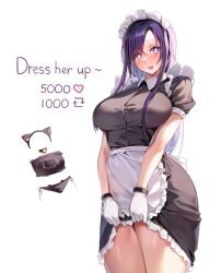 bare_legs big_breasts blush gloves hoshino_ai idol long_hair looking_at_viewer machulanko maid maid_apron maid_headdress maid_outfit maid_uniform oshi_no_ko pulling_skirt pulling_up_skirt purple_eyes purple_hair skirt skirt_lift skirt_up slim_waist smiling_at_viewer teenager thick_thighs thighhighs wide_hips