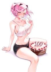 1girls bare_belly bare_legs belly_button blush blush cake celebrating doki_doki_literature_club female_only hair_intakes kneeling looking_at_viewer machulanko medium_breasts natsuki_(doki_doki_literature_club) no_bra one_eye_closed pants petite petite_body pink_hair see-through_clothing shorts sitting slim_waist smiling_at_viewer solo solo_female thick_ass top wide_hips