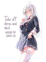 alisa_mikhailovna_kujou bare_thighs blue_eyes blush from_below grey_hair long_hair looking_at_viewer machulanko ribbon school_uniform schoolgirl schoolgirl_uniform skirt slim_waist smiling_at_viewer strip_game teenager thick_thighs thighhighs tokidoki_bosotto_russian_de_dereru_tonari_no_alya-san viewed_from_below white_hair wide_hips