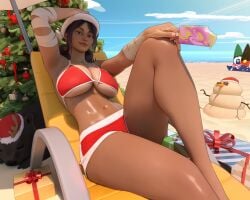 2025 3d beach big_breasts bikini christmas christmas_bikini holidays ice_cream looking_at_viewer original original_character popogori tagme tan-skinned_female tan_skin tanned tanned_skin thick_thighs