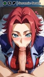 1boy 1boy1girls 1girls 2d :>= ai_generated blowjob blowjob_face blue_eyes blush blush clothed clothed_female clothed_female_nude_male code_geass eye_contact fellatio fellatio_face female heart-shaped_pupils kallen_stadtfeld large_penis looking_at_viewer male male/female male_pov oral oral_sex penis_in_mouth pilot_suit pov pov_male red_hair seramic_seven short_hair sucking_penis veiny_penis