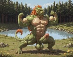 1boy 1male abs ai_generated anthro balls bara booster_rex colored_skin completely_nude completely_nude_male day dragon dragon_horns dragon_tail electronic_arts erection flower full_body furry furry_male grass green_skin horns large_pectorals looking_at_viewer male male_focus male_only masturbation mature mature_anthro mature_male monster monster_boy muscular muscular_anthro muscular_male nsfw nude nudity orange_hair outdoors pectorals penis plants_vs_zombies popcap_games precum pvz scales snapdragon_(pvz) solo tail testicles thick_thighs thighs tree uncensored veins veiny_penis water