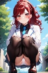 ai_generated bare_thighs big_breasts huge_breasts huge_thighs isekai_de_cheat_skill_wo_te_ni_shita_ore_wa_genjitsu_sekai_wo_mo_musou_suru kazama_kaede light-skinned_female light_skin looking_at_viewer massive_breasts panties pantyhose ponytail red_eyes red_hair school_uniform schoolgirl smiling solo_female squatting stockings sweat sweatdrop thick_body thick_female thick_thighs thighs voluptuous voluptuous_female yoshi_(artist)