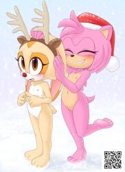 2girls amy_rose anthro anthro_female anthro_on_anthro anthro_only bare_arms bare_breasts bare_legs bare_midriff bare_shoulders bare_thighs barefoot belly_button brown_eyes brown_fur closed_eyes completely_naked completely_naked_female completely_nude completely_nude_anthro completely_nude_female cream_the_rabbit cub fake_antlers feet female female/female female_focus female_only flat_chest full_body fully_naked fully_naked_female fully_nude fully_nude_female furry furry_breasts furry_ears furry_female furry_only furry_tail gatomonlover headband headband_with_horns hedgehog hedgehog_girl hedgehog_humanoid horned_headwear lagomorph lagomorph_humanoid naked_anthro navel nipples nude nude_anthro nude_female open_mouth pink_fur pussy reindeer reindeer_antlers santa_hat sonic_(series) sonic_the_hedgehog_(series) toes yuri