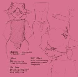 2d anthro belly_tattoo blush blush_lines bovid caprine chasey_(insate) demon english_text erection femboy flaccid fluffy fur genitals hi_res horn insate male mammal model_sheet nipples penis sheep solo tattoo text wool_(fur)