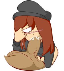 azrielart beret brown_eyes brown_hair cellphone cum_in_mouth cum_inside fellatio female hair_over_one_eye laestupidasofi male oral original_character pants_down penis semen sofiart straight