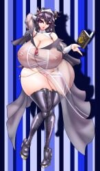 2d 2d_(artwork) ass black_hair book boots breasts cosplay date_a_live honjou_nia huge_ass huge_breasts last_origin light-skinned_female lips lipstick long_boots looking_at_viewer nipples nun nun_outfit pink_eyes pink_nipples priest short_hair solo solo_female thick_thighs thighs translucent_clothing wide_hips