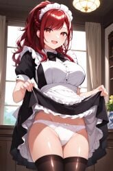 ai_generated bare_thighs big_breasts huge_breasts huge_thighs isekai_de_cheat_skill_wo_te_ni_shita_ore_wa_genjitsu_sekai_wo_mo_musou_suru kazama_kaede light-skinned_female light_skin looking_down low-angle_view maid_outfit maid_uniform massive_breasts panties pantyhose ponytail red_eyes red_hair smiling solo_female squatting stockings sweat sweatdrop thick_body thick_female thick_thighs thighs upskirt voluptuous voluptuous_female yoshi_(artist)