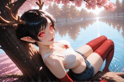 ai_generated antlers black_hair blush elf_ears eye_contact female flirty pixie_cut provocative_pose red red_eyes seductive_expression short_hair smile suggestive sultry teasing usebackdooronly zombiegamerist