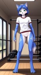 1girls 2025 ai_generated anthro bedroom_eyes blue_eyes blue_fur blue_hair blushing canine curvy_figure digitigrade eyes_half_open gym gym_shirt hi_res indoors inner_ear_fluff innie_pussy krystal looking_at_viewer nintendo pussy smile star_fox white_fur