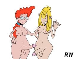 2futas accurate_art_style arm_around_partner artstyle_imitation balls big_penis blonde_hair breasts disney erection futa_only futanari hand_on_hip light-skinned_futanari light_skin looking_at_viewer nicky_anais_little nude penis pepper_ann pepper_ann_pearson rarewaifus red_hair smile standing waving