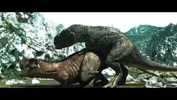3d advertisement all_fours animated brown_scales dinosaur doggy_style female feral from_behind_position green_scales male no_humans outdoors scales sex straight teeth theropod tyrannosaurus_rex video
