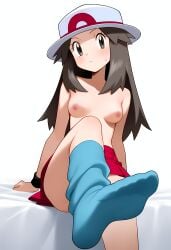 ai_generated blue_socks blush brown_eyes brown_hair color feet female female_focus female_only foot_focus game_freak hat hi_res leaf_(pokemon) light-skinned_female long_hair looking_at_viewer nintendo nipples obscured_genitals pokemon pokemon_frlg red_skirt sidelocks sitting skirt small_breasts socks solo solo_female solo_focus sweat sweatband sweatdrop white_background