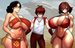 1boy 1girls 2girls age_difference alma_(monster_hunter_wilds) armored_gloves ass_grab big_ass big_breasts bikini boner boner_in_pants brown_eyes brown_hair chorquistudios clothed_male clothed_male_partially_nude_female desert dominant_male erection fiorayne glasses harem heart heart_eyes horny horny_female horny_male huge_breasts imminent_sex looking_at_viewer looking_pleasured milf monster_hunter monster_hunter_rise monster_hunter_wilds muscular muscular_female orange_bikini pervert pervert_female pervert_male red_bikini savanna size_difference smile smiling threesome trio