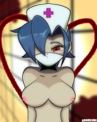 big_breasts blue_hair hair_between_eyes nude_female red_eyes skullgirls sole_female valentine_(skullgirls)