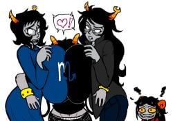 2d 4girls aggrus aradia_megido aranea_serket ass black_hair blue_lips blush breast_squish breasts clothing erect_nipples eyebrow_piercing fangs glasses grey_skin heart heart_symbol homestuck homestuck_troll horns hug huge_breasts hyper hyper_breasts large_breasts long_hair meenah_peixes ms_paint_adventures multiple_girls nipples nipples_visible_through_clothing open_mouth red_lips sharp_teeth short_hair smile smothering source_request sweat troll vriska_serket white_background white_eyes yellow_eyes yuri