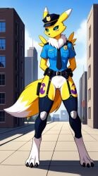 1girls 2025 ai_generated anthro black_sclera blue_eyes bottomless bottomless_female digimon digimon_(species) digitigrade hands_behind_back hi_res innie_pussy looking_at_viewer outdoors police_uniform pussy renamon white_fur yellow_fur