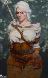 1girls 3d alternate_version_available bhigbhee breasts ciri clothed clothing female female_only gloves green_eyes hi_res highres hips holster looking_at_viewer makeup scar solo sword the_witcher_(series) the_witcher_3:_wild_hunt watermark white_hair