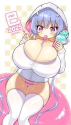 2025 blue_body blush cleavage cute hoodie ice_cream japanese_text long_hair looking_at_viewer new_year peace_sign pink_eyes riko_(shuz) round_ass shiny_skin shortstack shuz_(dodidu) skindentation snake_hood stockings thick_thighs thighhighs thong tight_clothing twintails wide_hips year_of_the_snake