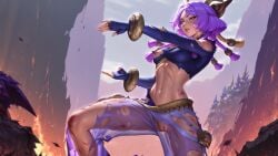abs ai_assisted ai_generated blood bruise cuts female fight fighting_stance horns league_of_legends midriff nipples nnsyos_(artist) purple_eyes purple_hair pussy ripped_clothing scratches solo toned torn_clothes torn_legwear yunara_(league_of_legends)