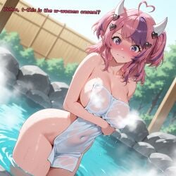 ai_generated ass bath bathing big_ass big_breasts fat_ass hair heart_hair heart_hair_ornament horns ironmouse medium_hair multicolored_hair naked naked_female no_genitals_shown onsen pink_hair purple_hair steam steam_censor steaming text thick_ass thick_thighs thighs towel towel_only towel_over_breasts towel_wrap unseen_character unseen_male vshojo vtuber wet wet_body wet_towel