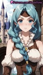 1girls ai_generated alternate_costume anime anime_style aqua_eyes aqua_hair bare_shoulders blue_eyes blue_hair blush braid braided_ponytail breasts bust busty castle clothing_cutout cloud collarbone copyright_name corset day detached_sleeves female female_focus female_only hair_over_shoulder headband hentai lips long_hair long_sleeves looking_at_viewer medium_breasts natsuyoru non-asian outdoors parted_bangs parted_lips puffy_sleeves shirt shoulder_cutout single_braid sky smile solo solo_female tate_no_yuusha_no_nariagari the_rising_of_the_shield_hero therese_alexanderite underbust upper_body voluptuous voluptuous_female white_shirt