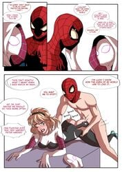 blonde_hair comic costume dialogue english_text female from_behind gwen_stacy hairband instant_loss_2koma male marvel marvel_comics masked masked_female peter_parker recreator2099 sex spider-gwen spider-man spider-man_(series) straight straight_hair text