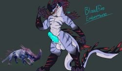 anthro arm_scales armor balls bloodfire_embermane_(dauntless) claws dauntless embermane_(dauntless) genitals heavy_balls horn leg_scales male penis pjthewolf scalie sharp_teeth solo spiked_penis spikes spikes_(anatomy) tail teeth