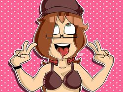 ahe_gao azrielart beret brown_eyes brown_hair cellphone female heart-shaped_pupils laestupidasofi original_character sofiart v_sign