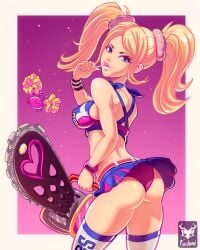 1girls ass blonde_female blue_eyes breasts chainsaw cheerleader foxilumi juliet_starling lollipop lollipop_chainsaw lollipop_in_mouth medium_breasts nipple_bulge panties pink_lipstick pink_panties skirt skirt_lift solo solo_female tank_top thighs twintails