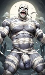 ai_generated exposed_nipples exposed_pecs grey_skin grey_skin huge_balls huge_cock huge_pecs male male_only mummy_costume mummy_wrappings muscular muscular_male soft_cock solo solo_male thick_thighs