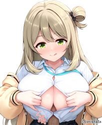 1boy black_skirt blonde_hair blue_archive blush breasts censored collared_shirt dress_shirt erection female green_eyes hair_bun highres jacket lanyard large_breasts licking_lips long_hair long_sleeves looking_at_viewer nonomi_(blue_archive) off_shoulder open_clothes open_jacket paizuri paizuri_under_clothes penis shirt single_side_bun skirt smile straight tongue tongue_out uni8 white_shirt yellow_jacket