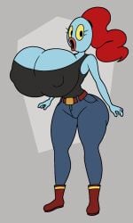 artstyle_imitation blue_skin breasts_bigger_than_head fish huge_ass hyper_breasts jeans prototype_design red_hair tank_top toby_fox undertale undyne