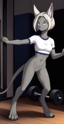 1girls 2025 ai_generated anthro blue_eyes bottomless bottomless_female curvy_female curvy_figure digitigrade grey_body gym gym_shirt hi_res indoors inner_ear_fluff innie_pussy looking_at_viewer mineru nintendo pussy short_hair smile the_legend_of_zelda the_legend_of_zelda:_tears_of_the_kingdom white_hair zonai