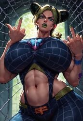 ai_generated angry angry_face anime braided_hair braided_ponytail breasts_bigger_than_head civitai curvaceous curvy curvy_body curvy_female curvy_figure detailed_background fingernail_polish furious hourglass_figure huge_breasts jojo's_bizarre_adventure jolyne_kujo lipstick long_hair looking_at_viewer middle_finger six_pack stone_ocean thick_thighs thunder_thighs thunderthighs